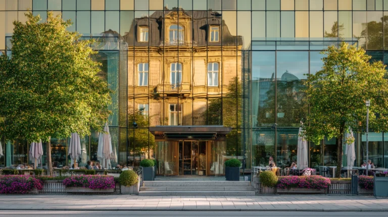 Exteriör av centralt spa och hotell i Stockholm en solig dag