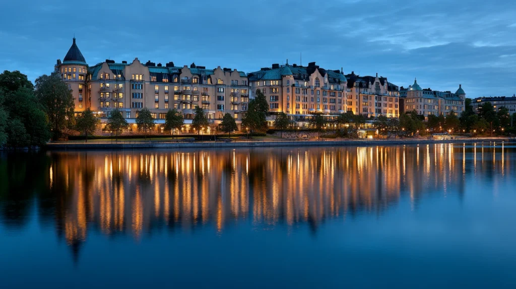 Kvällsbild av spa och hotell i Stockholm med reflektioner i vattnet
