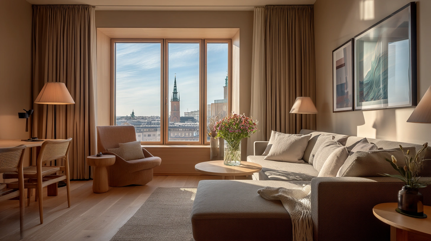 Modernt hotellrum i Stockholm med utsikt över staden