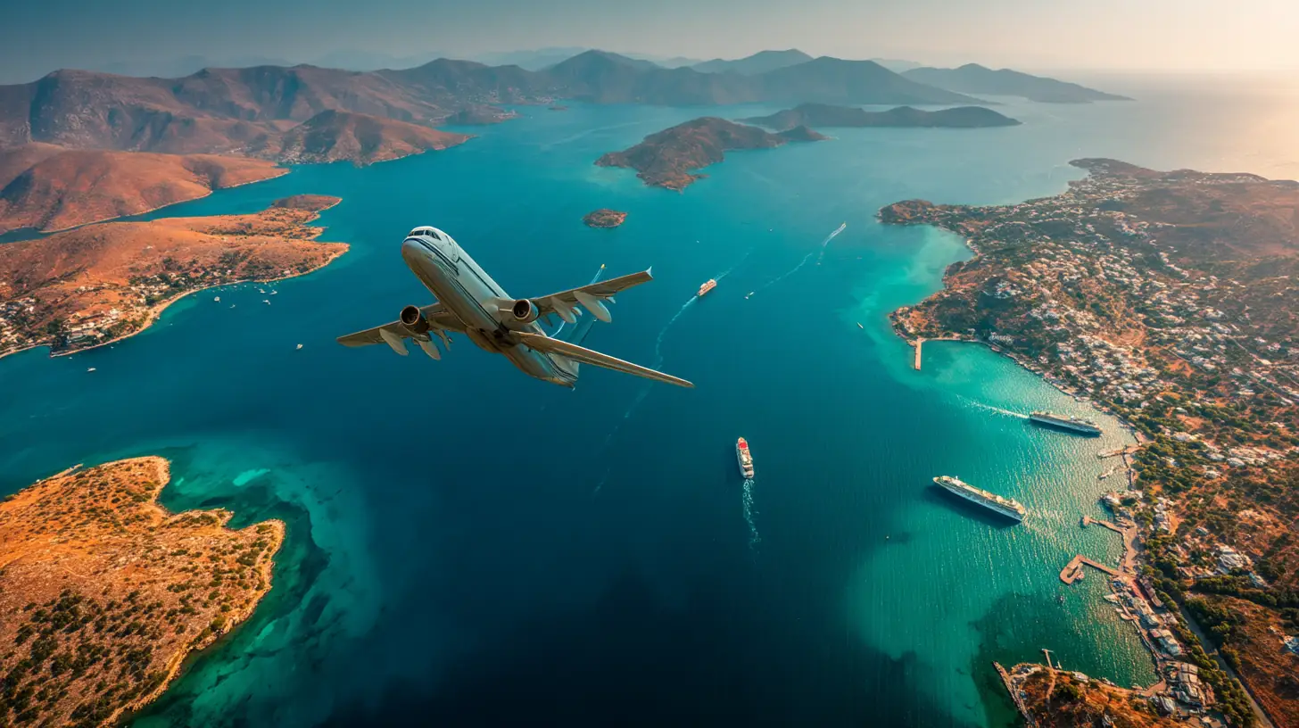 Flygplan över grekiska öar och färjor i havet – symbol för billiga resor inom Grekland.