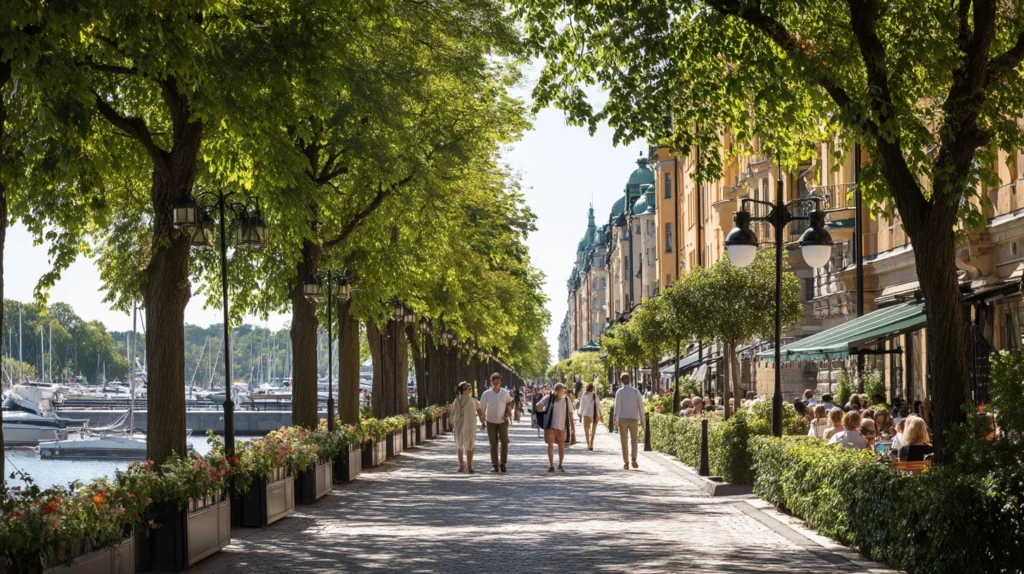 Gäster promenerar längs Strandvägen en solig dag nära Hotell Stockholm Best Western.