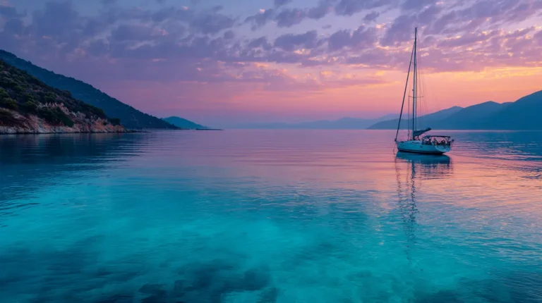 Vilken grekisk ö är billigast att resa till – vy över Lefkada med klarblått vatten och segelbåt i solnedgång.