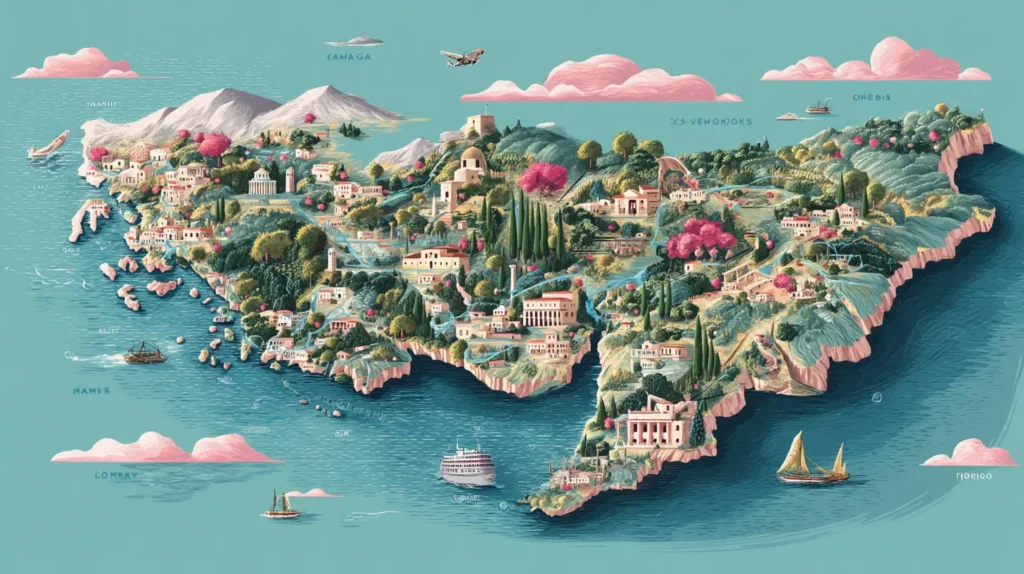 Karta över Greklands öar med markerade billiga destinationer som Lefkada, Kos, Naxos, Kreta och Samos.