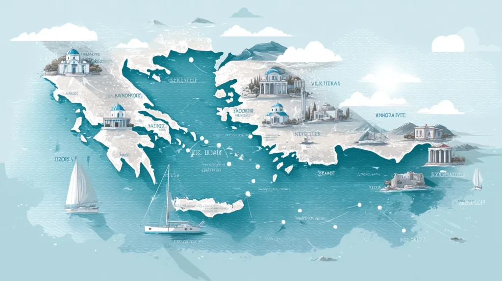 Karta över Greklands öar med markerade populära semesteröar som Kreta, Rhodos, Santorini och Naxos.